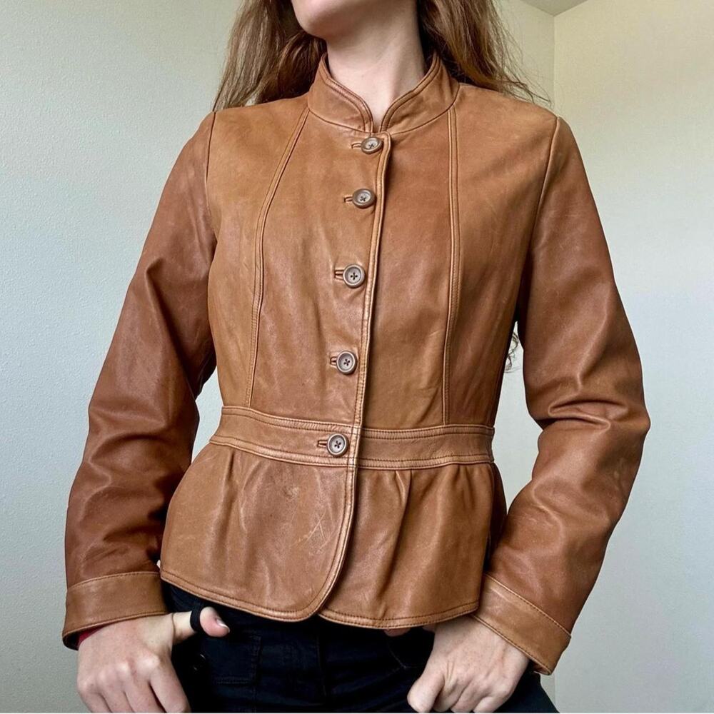 A.N.A. Y2k brown leather jacket with peplum waist and button up front